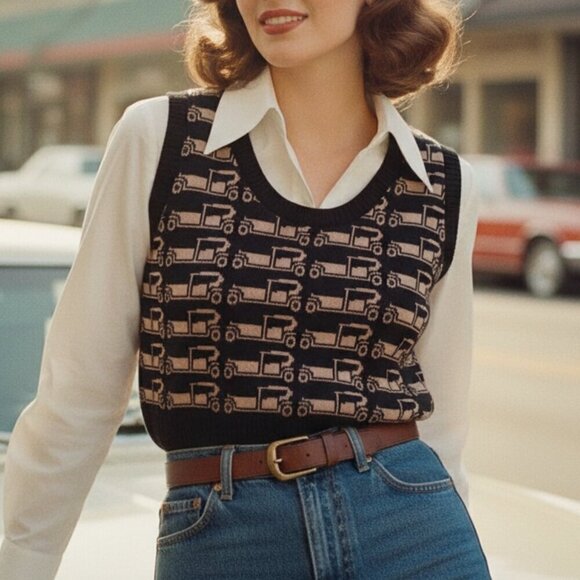 bagatelle Sweaters - Vintage 60s-70s Bagatelle Made in England Black and Tan Truck Motif Novelty Vest